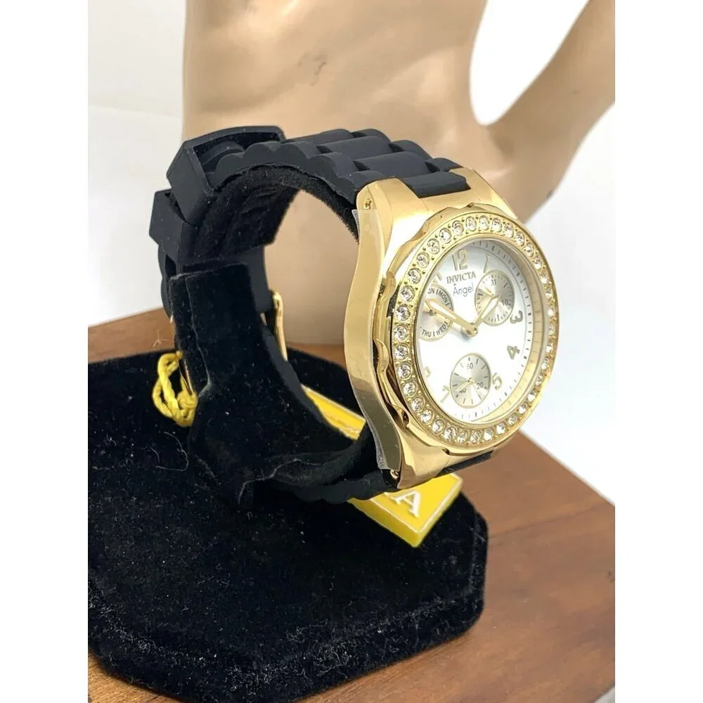 Invicta Women's Watch 1643 Angel Quartz White Dial Gold Black Rubber Strap 38mm